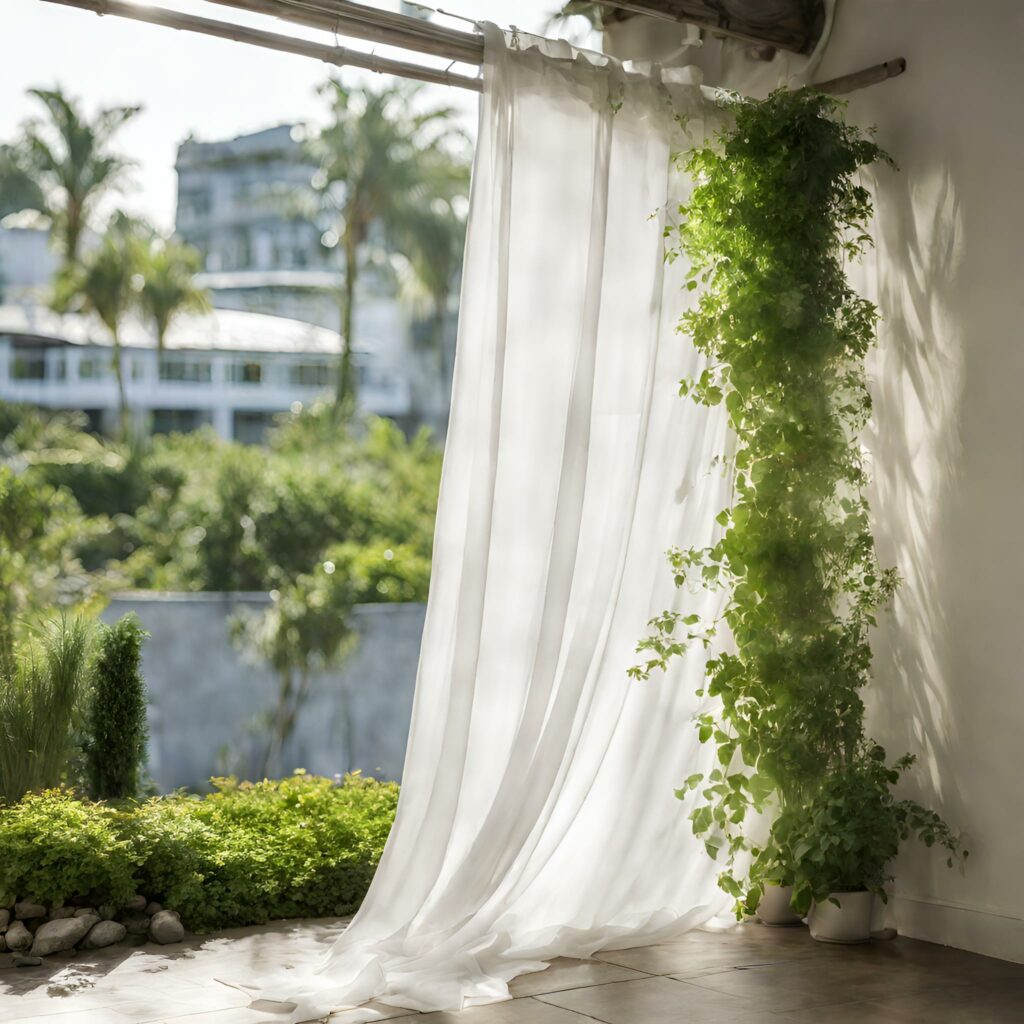 white sheer curtian moving back and forth in the breeze, green plants in the backround